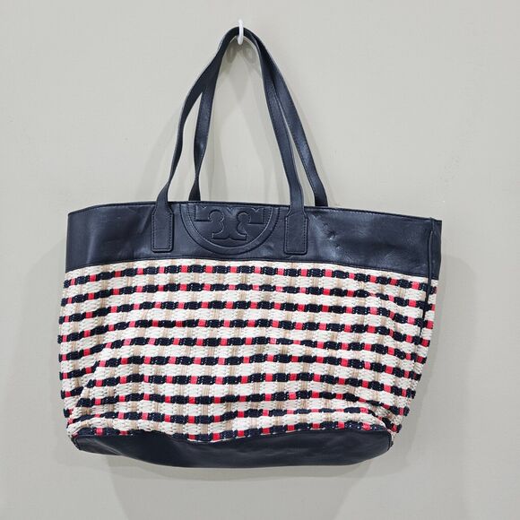 Tory Burch Raffia Woven Straw Leather Tote Bag Multicolor Picnic Beach Casual - Picture 1 of 16